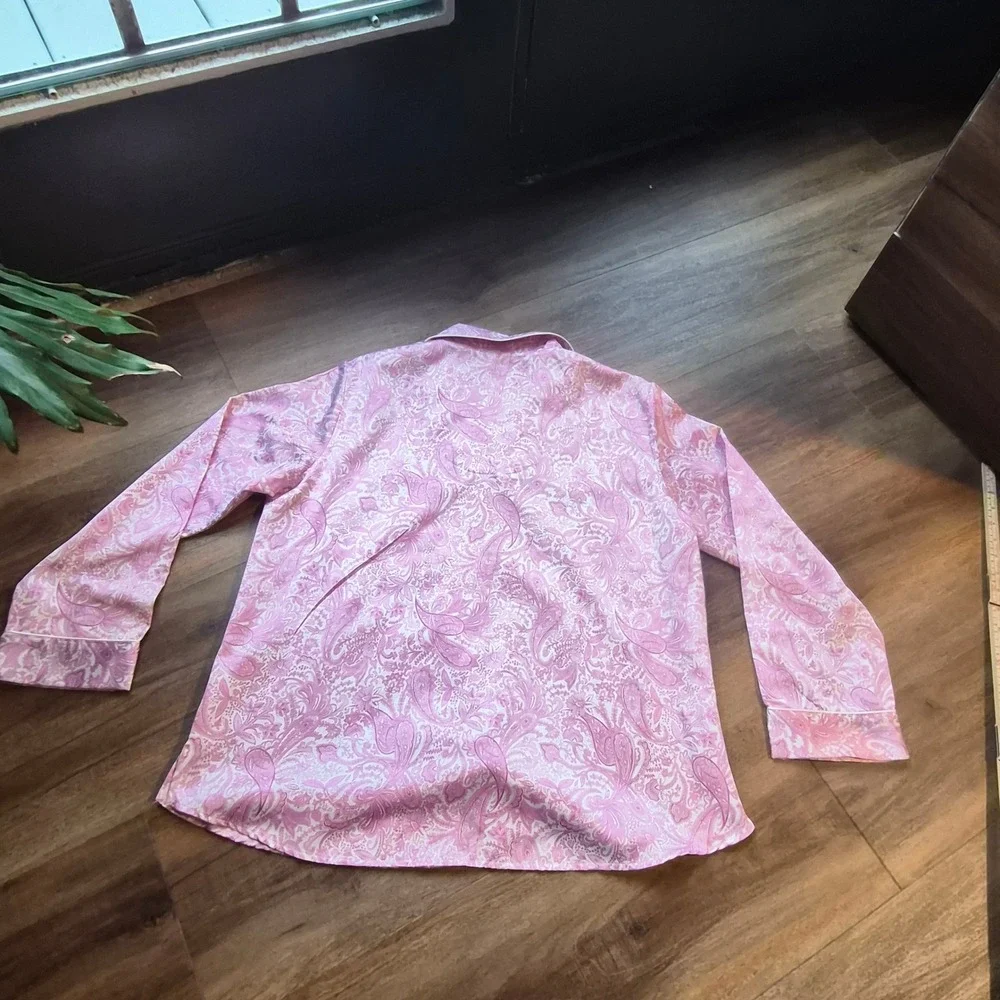 Miss Elaine Pajama Womens Medium Pink Paisley Button Front Long Sleeve Coquette